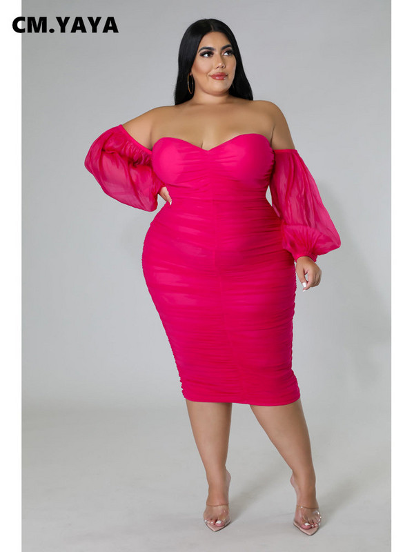 CM.YAYA Nagy méretű női hálós patchwork vállról domborodó Bodycon midi ruha estélyi tél 2022 szexi party klub báli ruhák