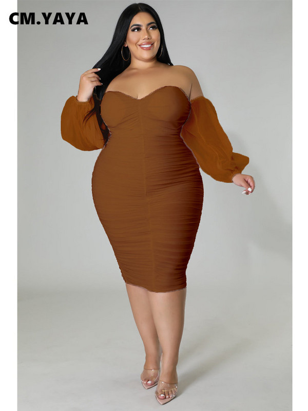 CM.YAYA Nagy méretű női hálós patchwork vállról domborodó Bodycon midi ruha estélyi tél 2022 szexi party klub báli ruhák