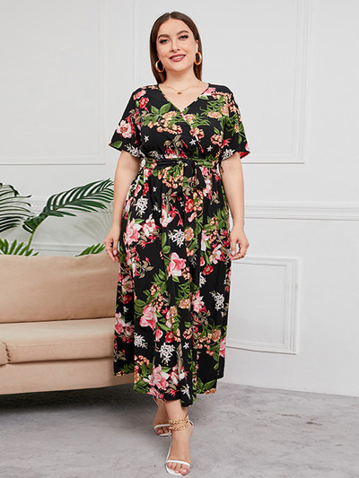 2022. Modna ljetna ženska bijela haljina s V izrezom i kratkim rukavima s cvjetnim printom visokog struka, boemska ženska haljina za plažu, ženska odjeća velikih veličina