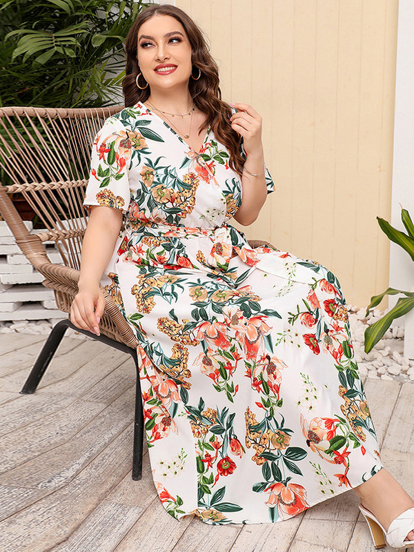 2022. Modna ljetna ženska bijela haljina s V izrezom i kratkim rukavima s cvjetnim printom visokog struka, boemska ženska haljina za plažu, ženska odjeća velikih veličina