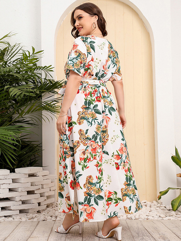 2022. Modna ljetna ženska bijela haljina s V izrezom i kratkim rukavima s cvjetnim printom visokog struka, boemska ženska haljina za plažu, ženska odjeća velikih veličina