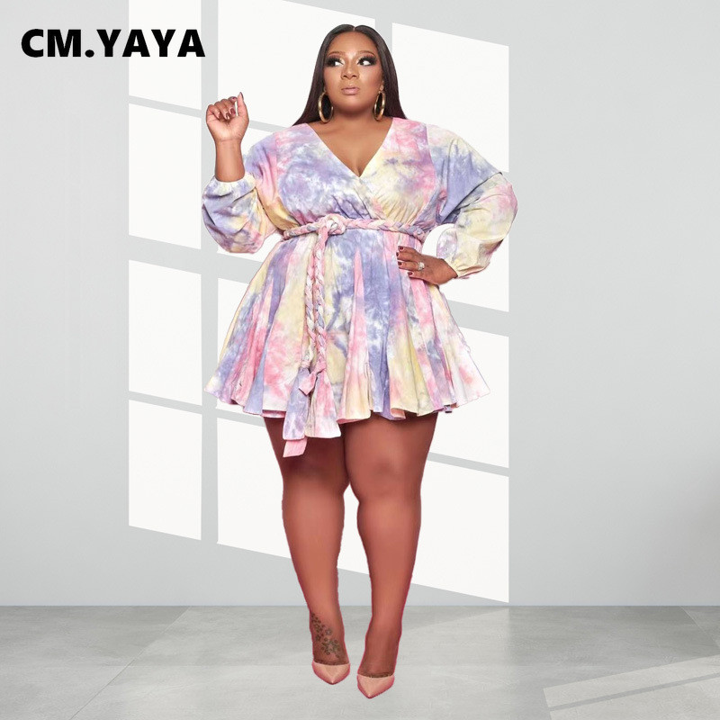 CM.YAYA Γυναικείο φόρεμα με τύπωμα με πλήρες μανίκι με λαιμόκοψη V-λαιμόκοψη Φύλλα Empire Loose φορέματα Fashion Vestidos Καλοκαιρινά ρούχα 2021