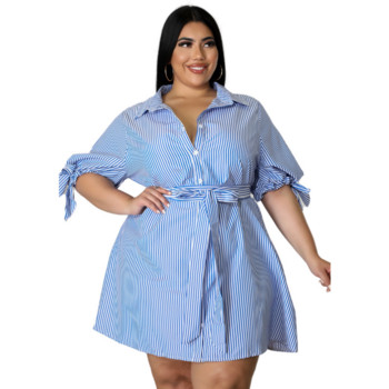 WSFEC XL-5XL Plus Size Φορέματα για Γυναικεία 2023 Άνοιξη Καλοκαίρι Νέος Επίδεσμος Μόδας Ριγέ Φαρδιά φόρεμα μίντι πουκάμισου