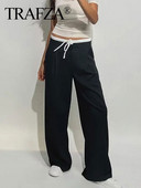 TRAFZA 2024, pantaloni drepți, uni, de epocă, pentru femei, cu fermoar lateral, cu șnur, pantaloni casual de primăvară, pantaloni largi pentru femei