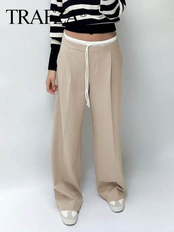 TRAFZA 2024, pantaloni drepți, uni, de epocă, pentru femei, cu fermoar lateral, cu șnur, pantaloni casual de primăvară, pantaloni largi pentru femei