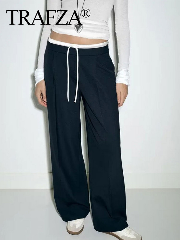 TRAFZA 2024, pantaloni drepți, uni, de epocă, pentru femei, cu fermoar lateral, cu șnur, pantaloni casual de primăvară, pantaloni largi pentru femei