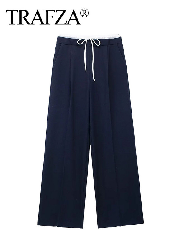 TRAFZA 2024, pantaloni drepți, uni, de epocă, pentru femei, cu fermoar lateral, cu șnur, pantaloni casual de primăvară, pantaloni largi pentru femei