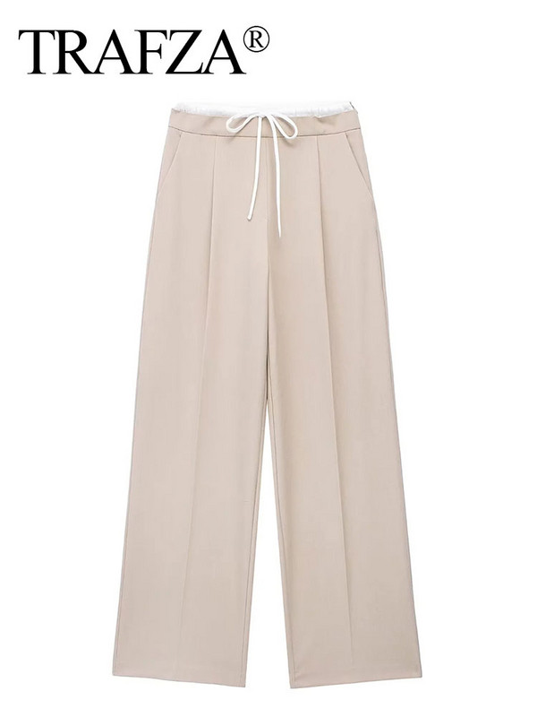 TRAFZA 2024, pantaloni drepți, uni, de epocă, pentru femei, cu fermoar lateral, cu șnur, pantaloni casual de primăvară, pantaloni largi pentru femei