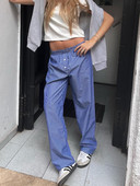 Combhasaki Pantaloni casual cu dungi Cleanfit pentru femei, cu talie joasă elastică, cu dungi/în carouri, pantaloni estetici largi, îmbrăcăminte de stradă cu buzunare