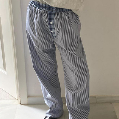 Combhasaki Pantaloni casual cu dungi Cleanfit pentru femei, cu talie joasă elastică, cu dungi/în carouri, pantaloni estetici largi, îmbrăcăminte de stradă cu buzunare