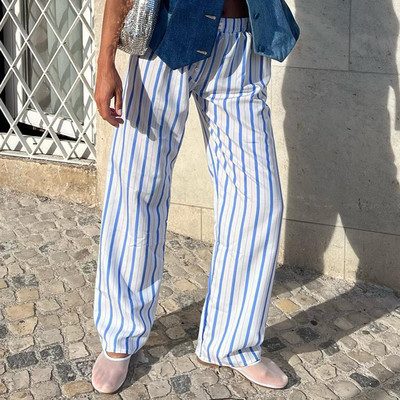 Combhasaki Pantaloni casual cu dungi Cleanfit pentru femei, cu talie joasă elastică, cu dungi/în carouri, pantaloni estetici largi, îmbrăcăminte de stradă cu buzunare