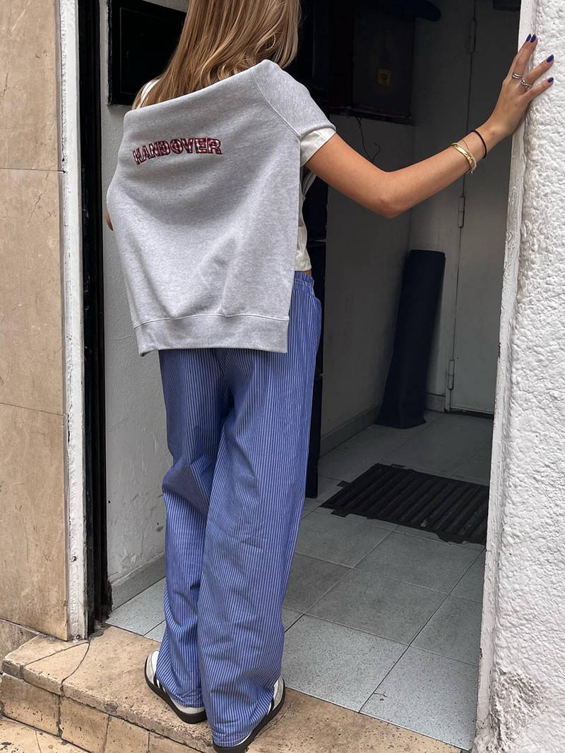 Combhasaki Pantaloni casual cu dungi Cleanfit pentru femei, cu talie joasă elastică, cu dungi/în carouri, pantaloni estetici largi, îmbrăcăminte de stradă cu buzunare