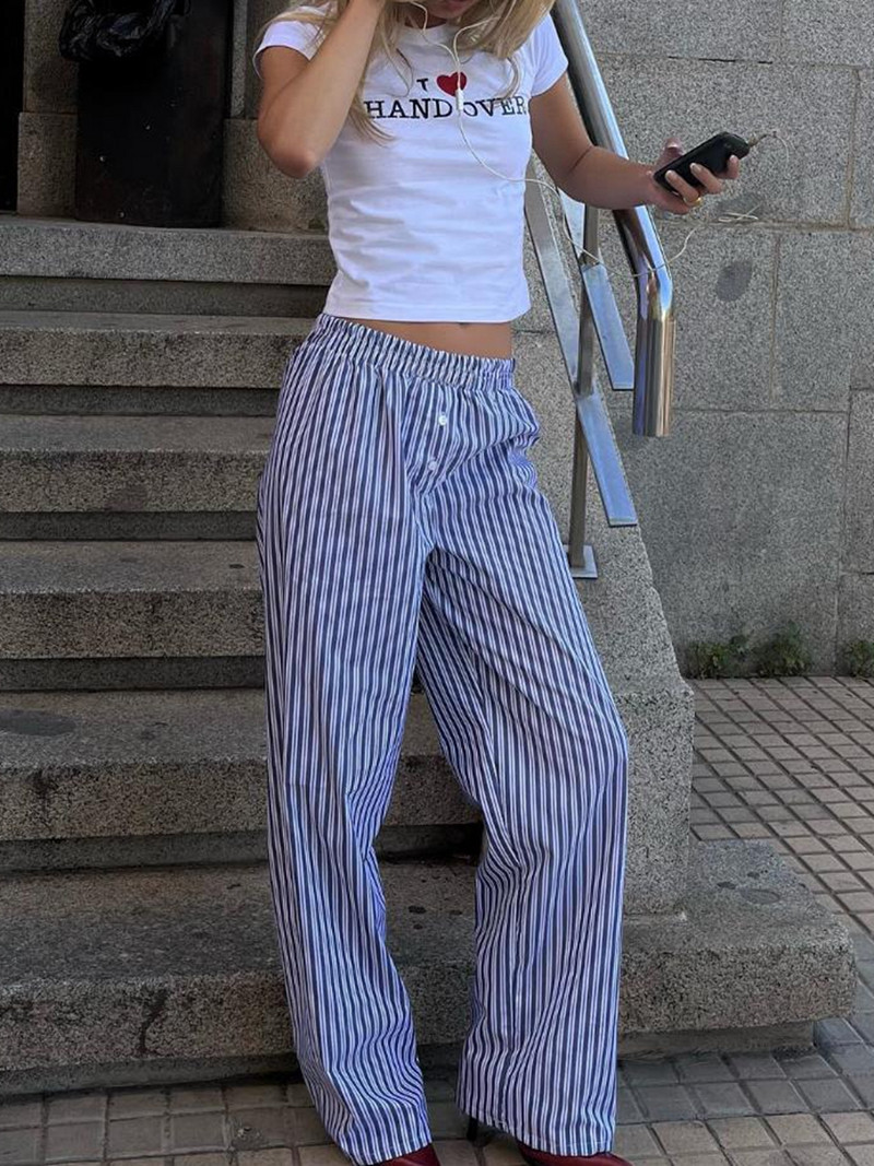 Combhasaki Pantaloni casual cu dungi Cleanfit pentru femei, cu talie joasă elastică, cu dungi/în carouri, pantaloni estetici largi, îmbrăcăminte de stradă cu buzunare