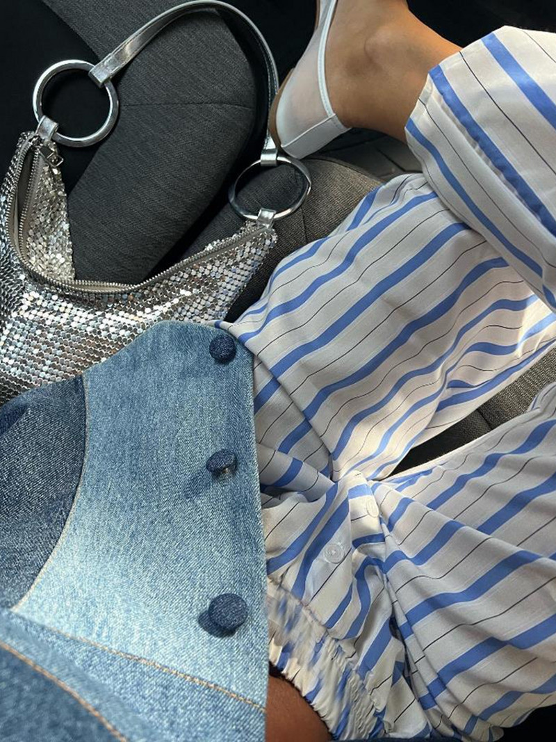 Combhasaki Pantaloni casual cu dungi Cleanfit pentru femei, cu talie joasă elastică, cu dungi/în carouri, pantaloni estetici largi, îmbrăcăminte de stradă cu buzunare