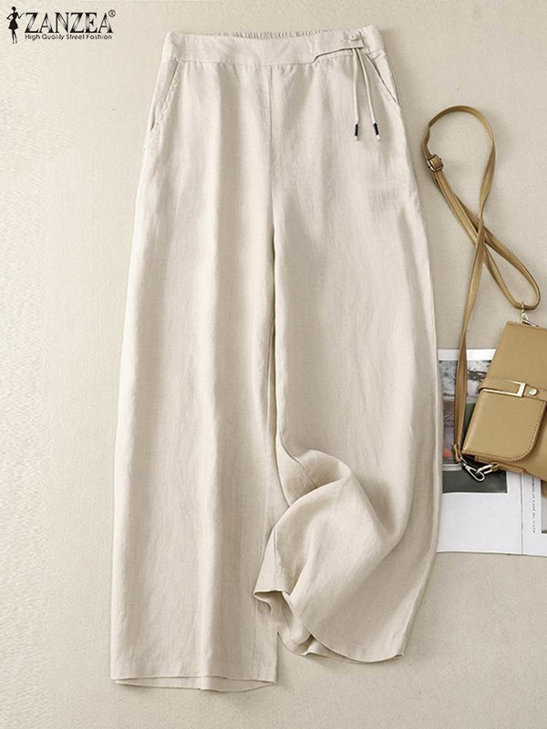 Pantaloni lungi uni cu talie elastică de vară 2024 ZANZEA Vintage pantaloni lați pentru femei Pantalon de lucru Casual lejer Palazzo oversize