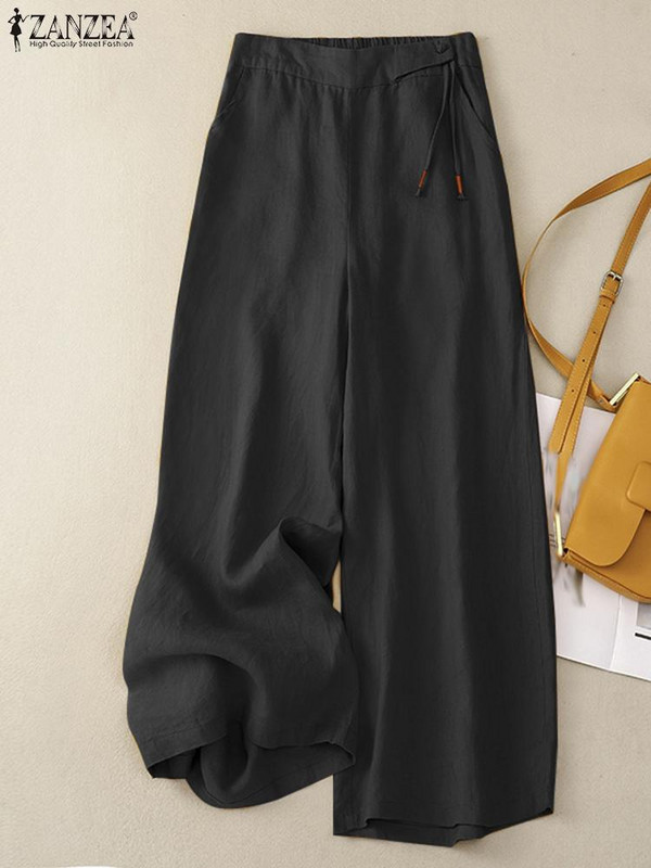Pantaloni lungi uni cu talie elastică de vară 2024 ZANZEA Vintage pantaloni lați pentru femei Pantalon de lucru Casual lejer Palazzo oversize
