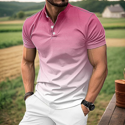 Vīriešu vasaras jauns polo krekls ar stāvu apkakles gradientu Eiropas un Amerikas modes ikdienas T-krekls ar īsām piedurknēm, golfa krekls Henrija
