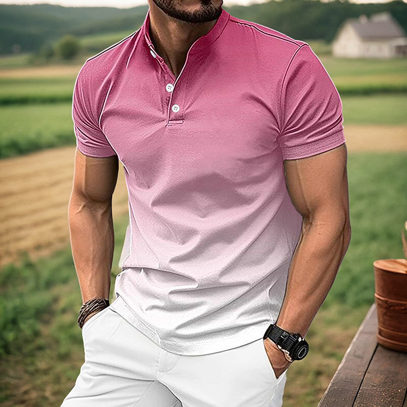 Vīriešu vasaras jauns polo krekls ar stāvu apkakles gradientu Eiropas un Amerikas modes ikdienas T-krekls ar īsām piedurknēm, golfa krekls Henrija