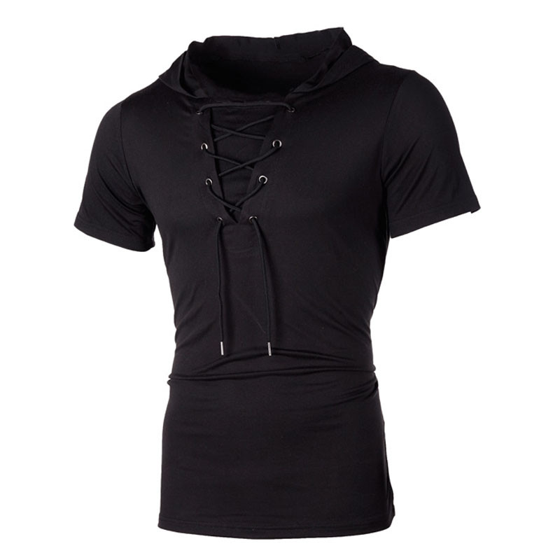 2024. g. Vīriešu T-krekls Vasaras personība ar kapuci T-krekls ar šņorēm īsām piedurknēm T-krekls Homme Slim Fit Sporta apģērbs Apģērbs Vīriešu Tkrekls MY104