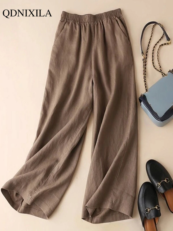 2024. gada pavasara vasaras lina kokvilnas bikses ar platām kājām sievietēm vienkrāsainas bikses ar augstu vidukli