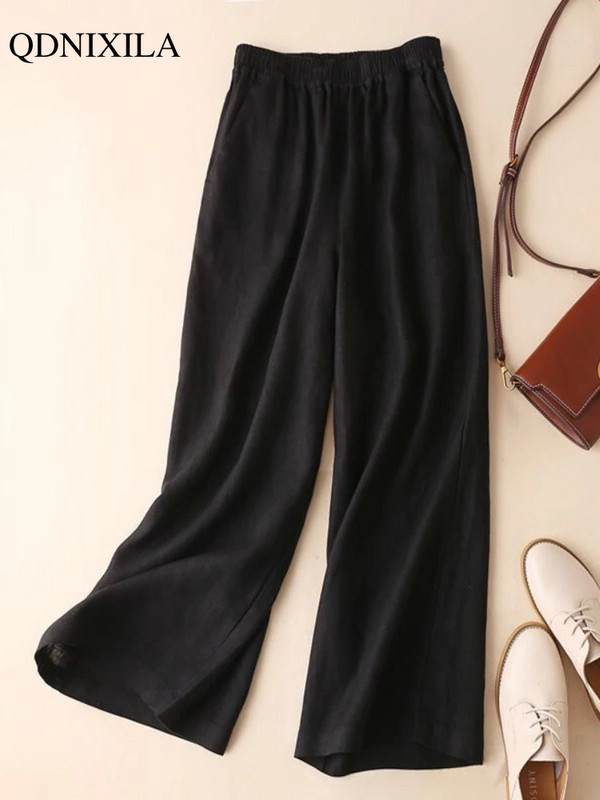 2024. gada pavasara vasaras lina kokvilnas bikses ar platām kājām sievietēm vienkrāsainas bikses ar augstu vidukli