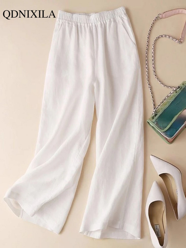 2024. gada pavasara vasaras lina kokvilnas bikses ar platām kājām sievietēm vienkrāsainas bikses ar augstu vidukli
