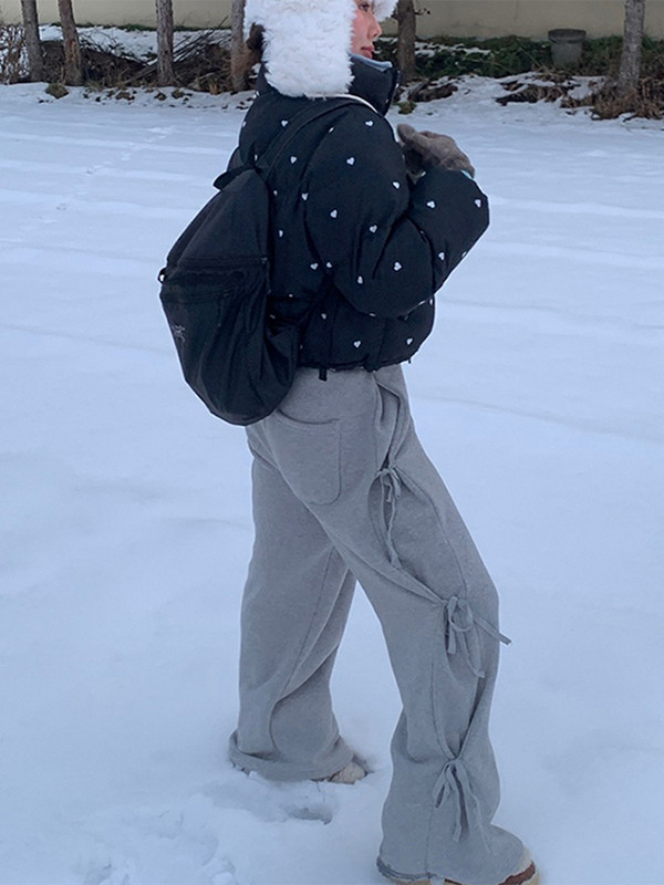 Bow Bikses Sieviešu gadījuma mežģīņu Elastīgs viduklis Modes Bikses Sieviešu 2024 Pavasara Cieta Mīksta Brīvas Platas Kājas Sporta bikses Dāmu