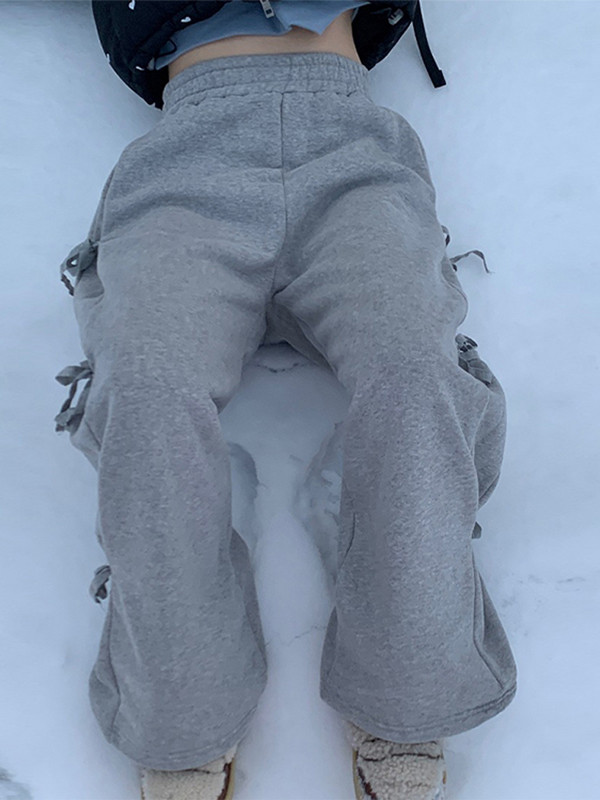 Bow Bikses Sieviešu gadījuma mežģīņu Elastīgs viduklis Modes Bikses Sieviešu 2024 Pavasara Cieta Mīksta Brīvas Platas Kājas Sporta bikses Dāmu