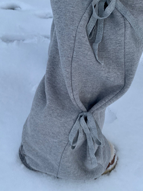 Bow Bikses Sieviešu gadījuma mežģīņu Elastīgs viduklis Modes Bikses Sieviešu 2024 Pavasara Cieta Mīksta Brīvas Platas Kājas Sporta bikses Dāmu