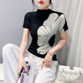 2024 Απλό κομψό πλεκτό γυναικείο μπλουζάκι τριών διαστάσεων High Street Άνοιξη Καλοκαίρι Μεγάλο λουλούδι Slim Fit Γυναικείο S-3XL Κοντό μανίκι