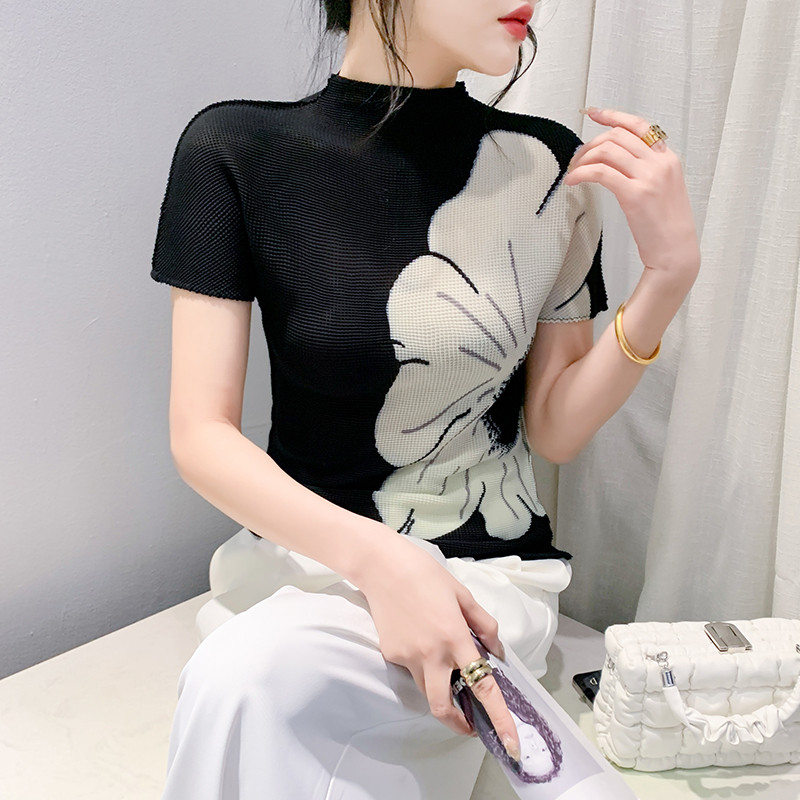 2024 Απλό κομψό πλεκτό γυναικείο μπλουζάκι τριών διαστάσεων High Street Άνοιξη Καλοκαίρι Μεγάλο λουλούδι Slim Fit Γυναικείο S-3XL Κοντό μανίκι