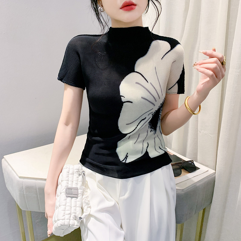 2024 Απλό κομψό πλεκτό γυναικείο μπλουζάκι τριών διαστάσεων High Street Άνοιξη Καλοκαίρι Μεγάλο λουλούδι Slim Fit Γυναικείο S-3XL Κοντό μανίκι