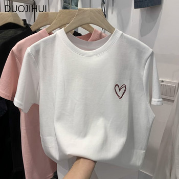 DUOJIHUI Pink Chic Printing Sweet Simple Casual Female T-shirts Летни нови базови О-образно деколте Едноцветни Модни свободни дамски тениски