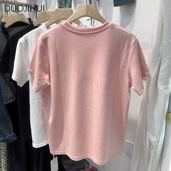 DUOJIHUI Pink Chic Printing Sweet Simple Casual Female T-shirts Летни нови базови О-образно деколте Едноцветни Модни свободни дамски тениски