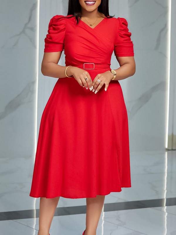 Sieviešu pavasara kleita Sieviešu ikdienas lielizmēra šaura biroja kleita Retro eleganta ar V veida kakla izgriezumu ar augstu vidukli, zila ballīšu kleita ar īsām piedurknēm