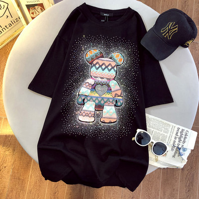 Naiste suvised ülisuured t-särgid O-kaelusega vabaaja särgid Harajuku tüdrukud lühikeste varrukatega valge musta põhjaga armsad karu tikandiga topid