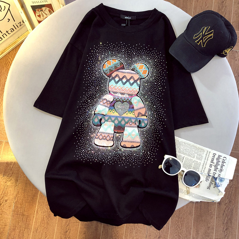 Naiste suvised ülisuured t-särgid O-kaelusega vabaaja särgid Harajuku tüdrukud lühikeste varrukatega valge musta põhjaga armsad karu tikandiga topid