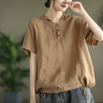 Kokvilnas lina T krekli Sieviešu ikdienišķs Vintage T-krekls ar kapuci V veida kakla vienkrāsains, brīvs, liela izmēra īsām piedurknēm Top Summer Trend Plāns T krekls