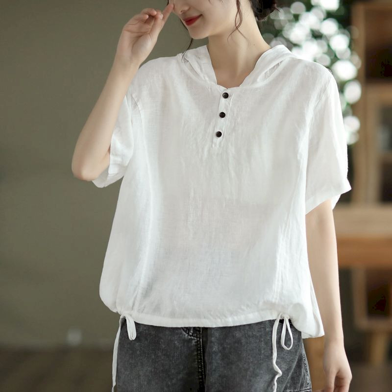 Kokvilnas lina T krekli Sieviešu ikdienišķs Vintage T-krekls ar kapuci V veida kakla vienkrāsains, brīvs, liela izmēra īsām piedurknēm Top Summer Trend Plāns T krekls