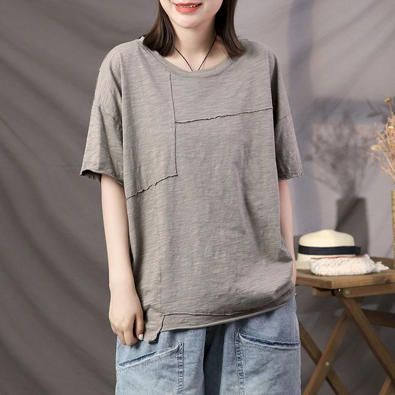 Majice kratkih rukava od 95% pamuka Ženske jednobojne patchwork tanke majice kratkih rukava Ležerne široke kratke rukave Udobne majice Ljetni trend majica Y2k