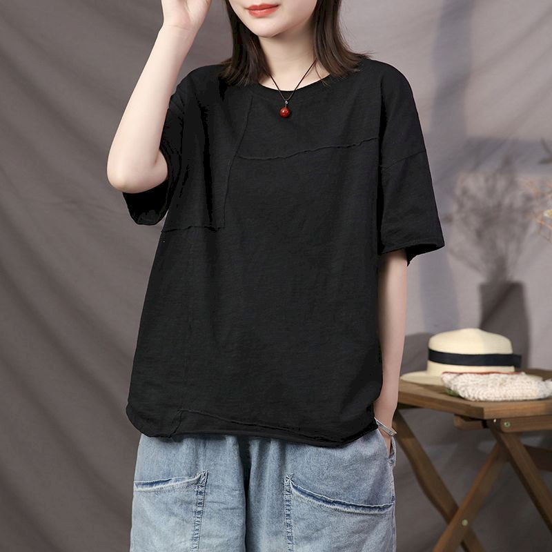 Majice kratkih rukava od 95% pamuka Ženske jednobojne patchwork tanke majice kratkih rukava Ležerne široke kratke rukave Udobne majice Ljetni trend majica Y2k