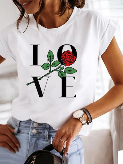 Love Style Trend Сладка тениска с принт с къс ръкав от 90-те, облекло, тениска, дамска тениска с графики, летни дрехи, модно дамско горнище