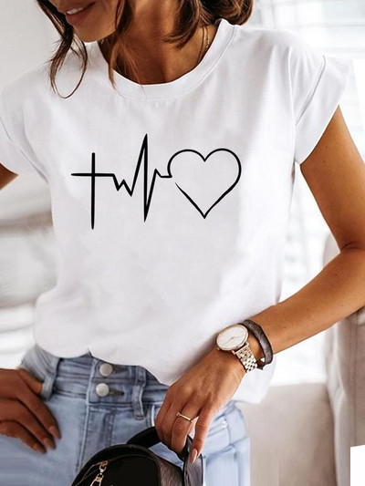 Love Style Trend Сладка тениска с принт с къс ръкав от 90-те, облекло, тениска, дамска тениска с графики, летни дрехи, модно дамско горнище