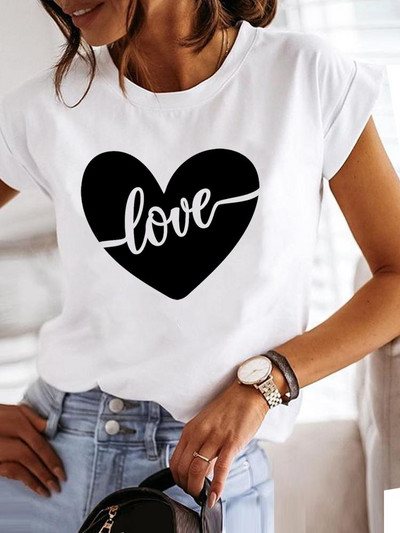 Love Style Trend Сладка тениска с принт с къс ръкав от 90-те, облекло, тениска, дамска тениска с графики, летни дрехи, модно дамско горнище