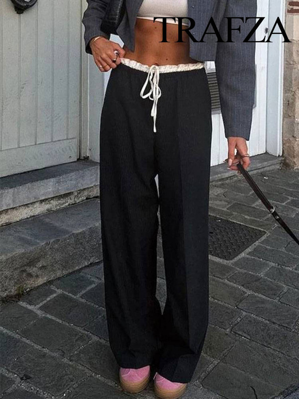 TRAFZA Proljetne nove ženske modne široke široke hlače s dvostrukim strukom Chic Ženske uredske prigradske hlače na vezanje, ulične hlače