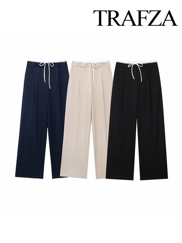 TRAFZA Proljetne nove ženske modne široke široke hlače s dvostrukim strukom Chic Ženske uredske prigradske hlače na vezanje, ulične hlače