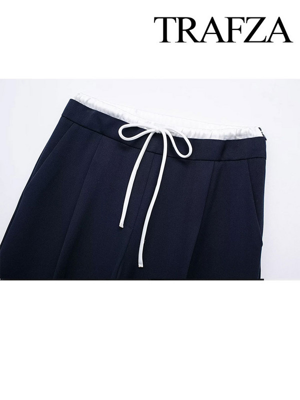 TRAFZA Proljetne nove ženske modne široke široke hlače s dvostrukim strukom Chic Ženske uredske prigradske hlače na vezanje, ulične hlače