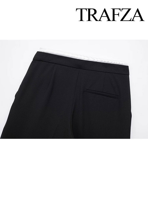 TRAFZA Proljetne nove ženske modne široke široke hlače s dvostrukim strukom Chic Ženske uredske prigradske hlače na vezanje, ulične hlače