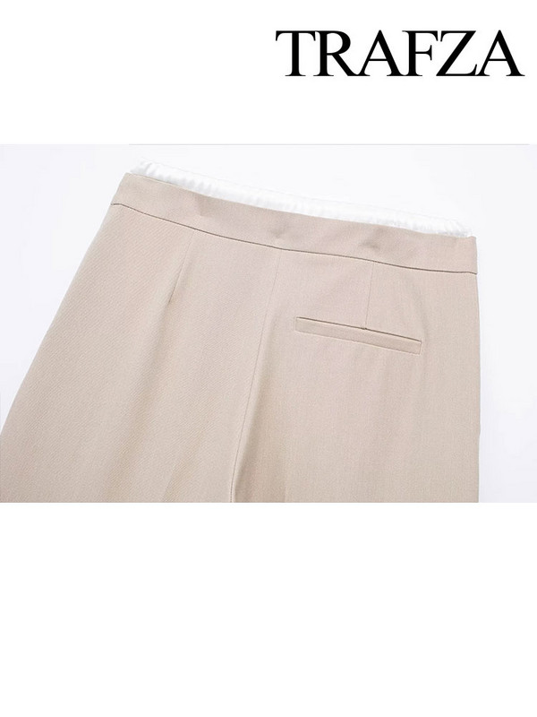 TRAFZA Proljetne nove ženske modne široke široke hlače s dvostrukim strukom Chic Ženske uredske prigradske hlače na vezanje, ulične hlače