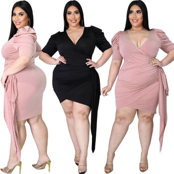 Φόρεμα Plus Size Γυναικεία Μόδα Χονδρική Sexy Solid V Neck Bodycon Stretch Επίδεσμος Ζώνη Puff μανίκι Νέα μίνι φορέματα Dropshipping